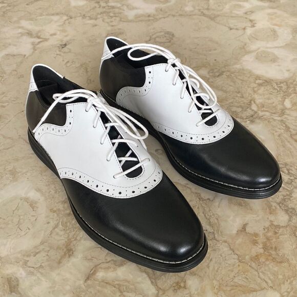Cole Haan Grand OS Black & White Leather Saddle Golf Shoes - Picture 1 of 13